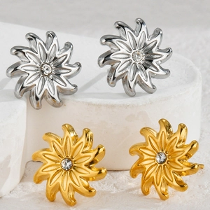 Minimalist irregular sunflower stud earrings with center zircon in gold and silver