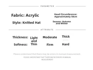 Size chart for chunky rainbow knit beanie showing acrylic material and 58cm circumference