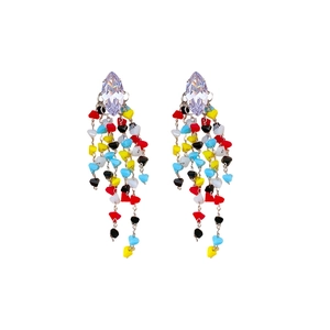 Elegant diamond-shaped crystal earrings with colorful beaded heart tassel drops