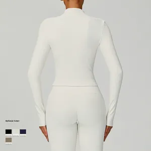 Slim fit ribbed yoga jacket with stand collar and high-waisted leggings set in cream white