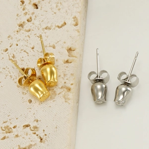 Polished stainless steel rose stud earrings set in gold and silver finishes