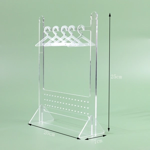Clear acrylic earring display stand with 5 mini hangers and side dimensions measurement