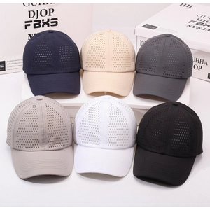 Detailed grid of six breathable quick-dry baseball caps with laser-cut mesh holes