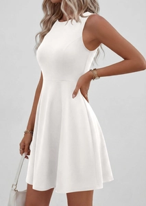 Detailed side view showing the fitted waist and A-line cut of the white sleeveless dress