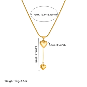 Gold-plated stainless steel snake chain necklace with heart tassel and size measurements