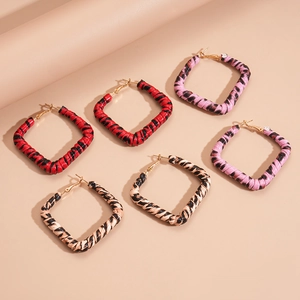 Vintage leopard print square earrings in red, pink, and beige faux leather textures