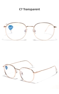 Detail view of round rose gold TR90 glasses frames with anti-blue light functional lens