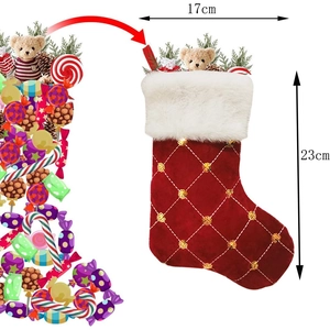 9-inch red sequin grid Christmas stocking with plush cuff and teddy bear decoration