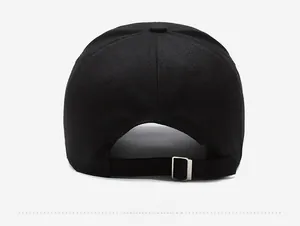 Back view of black cotton baseball cap showing adjustable metal buckle and stitching