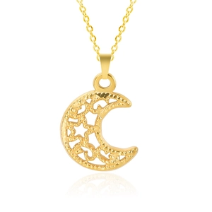 Detailed macro view of gold-colored stainless steel necklace with crescent moon pendant