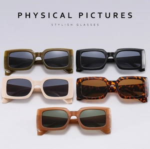 Détails de lunettes de soleil rectangulaires vintage en olive, noir, beige et écaille