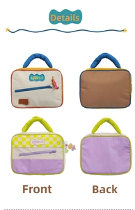 Front and back views of portable color-block cosmetic bags with LUCKY+1 label