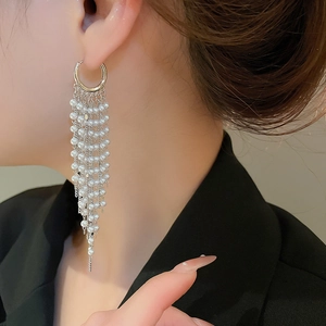 Detailed view of long pearl fringe earrings with silver chains on model