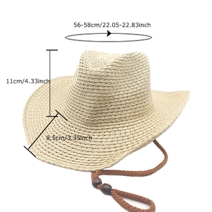 Beige straw cowboy hat with chin cord, wide brim beach sun hat for outdoor travel