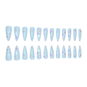 Detailed view of 24pcs long stiletto fake nails with blue base and multicolor sequins