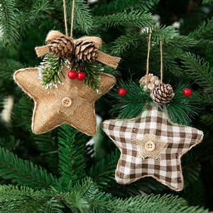 Christmas Star Hanging Ornaments Burlap Plaid Fabric Pine Cones Needles Berries Wood Button Tree Decor Rustic
