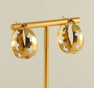 Detailed view of gold stainless steel hoop earrings with hollow cross patterns