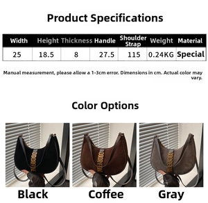 Detailed size chart and dimensions for the crescent shoulder bag in three colors
