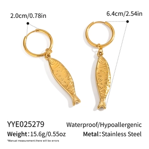 Detail showing 18K gold plated stainless steel fish drop earrings with size and weight info