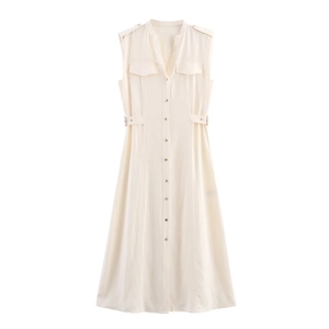 Elegant cream sleeveless linen midi dress with button-down front and waist tie belt