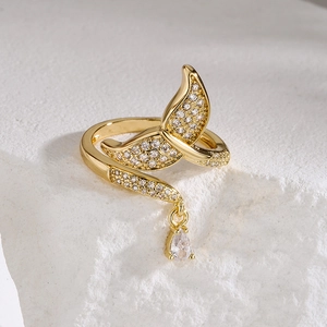 Luxurious 18K gold plated open ring with mermaid tail design and sparkling zircon stones