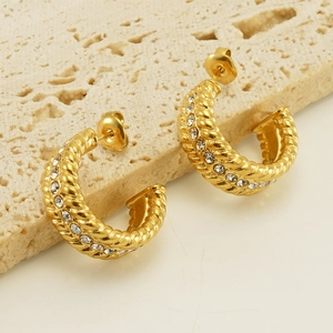 U-shaped gold-plated stainless steel hoop earrings with double-row zircon and twisted texture