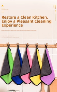 Set of five thickened microfiber kitchen towels in various colors with hanging loops