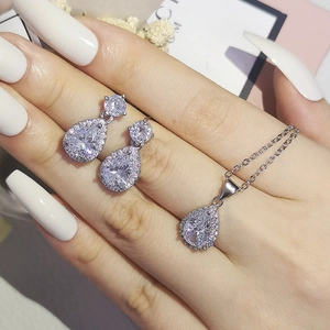 Detailed view of silver pear-shaped jewelry set with zircons on a professional model