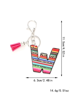 Detailed dimensions of letter W keychain with rainbow stripes, leopard print, and pink tassel