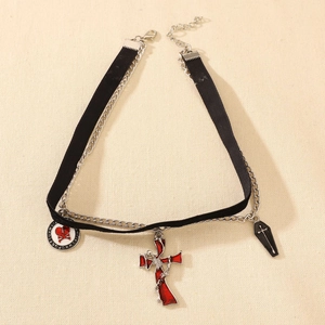 Gothic double layer choker with black satin ribbon and silver skull coffin heart charms