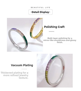 Detailed macro view of rainbow cubic zirconia ring with premium vacuum plating finish