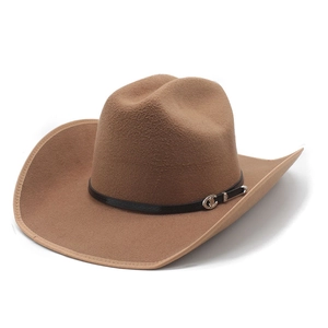 Detail of tan felt cowboy hat with leather band and silver buckle on a white background