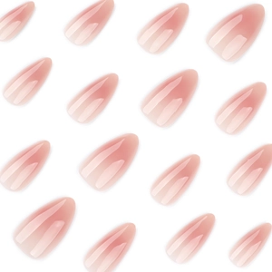 Nude ombre almond press-on nails with shiny jelly texture in a matrix arrangement
