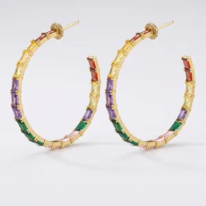 Rainbow CZ stone C-shaped gold hoop earrings for women, 49mm length luxury design