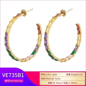 Rainbow CZ stone C-shaped gold hoop earrings for women, 49mm length luxury design