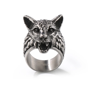 Viking wolf head ring in vintage stainless steel with intricate fur details and open jaws