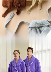 Detail of coral fleece robe featuring shawl collar and waist belt in multiple colors