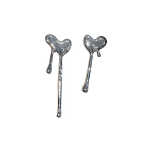 Minimalist silver lava heart stud earrings with asymmetric liquid metal drops design