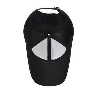 Inside view of black baseball cap showing reinforced stitching and adjustable strap