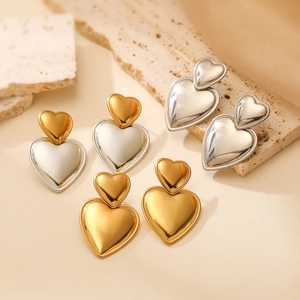 Stacked Heart Dangle Earrings For Women Polished Stainless Steel Geometric Metal Ear Jewelry Fashion Retro Style