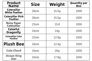 Detailed dimensions and weight specifications for various feather and plush cat toys