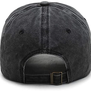 Detail of washed cotton baseball cap back with vintage metal adjustable buckle strap