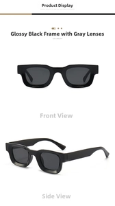 Detail view of square black sunglasses with classic grey lenses and sturdy temples