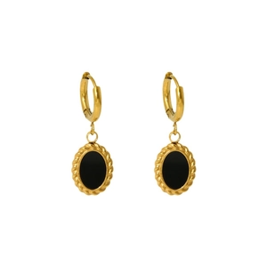 Gold stainless steel oval earrings with black resin center and twisted rope border