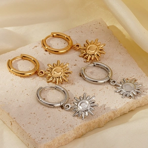 Stainless Steel Sun Pendant Hoop Earrings 18K Gold Plated Boho Summer Beach Vacation Jewelry For Women