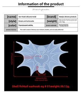 Detailed size chart for shell and fish tail earring resin mold with measurements