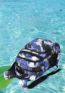 Water-repellent blue camo backpack showing durable fabric and multi-pocket design