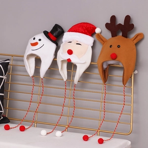 Christmas Hat Plush Santa Claus Reindeer Snowman Cartoon Ear Protection Pom Pom Holiday Party Hats For Kids And Adults