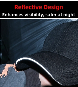 Detail shot of black baseball cap brim with reflective safety strip for night visibility