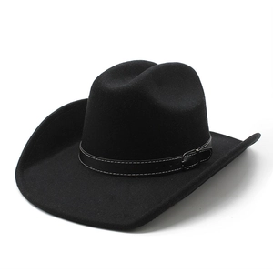 Retro black felt cowboy fedora hat with wide brim and leather band with metal buckle